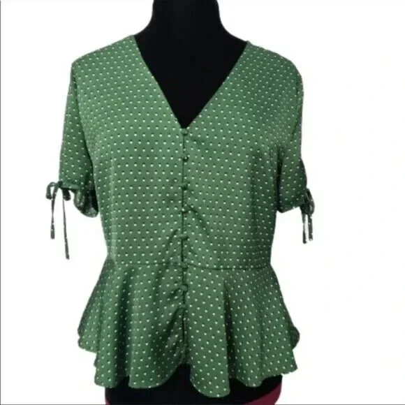 Who What Wear Sz M Shadow Green Polka Dot Tie Sleeve Button Peplum Womens Blouse - Picture 3 of 7
